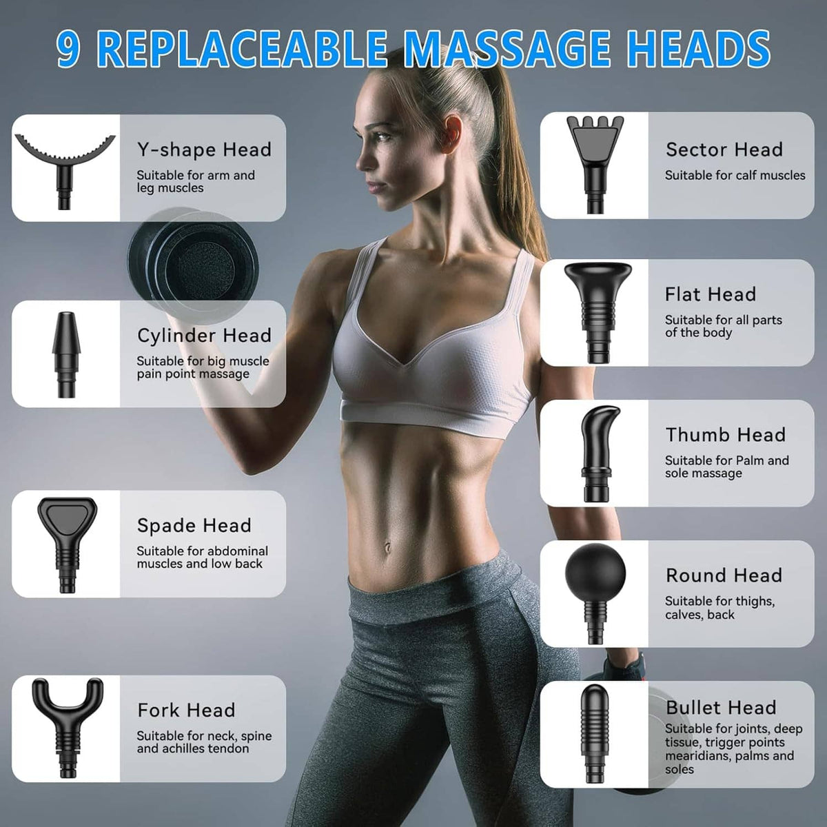 Massage gun with nine interchangeable head attachments, including Y-shape and sector heads