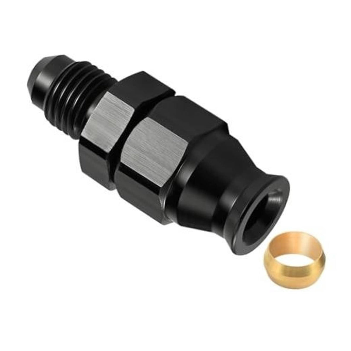 Black AN compression fitting adapter with silver hex body and brass ferrule