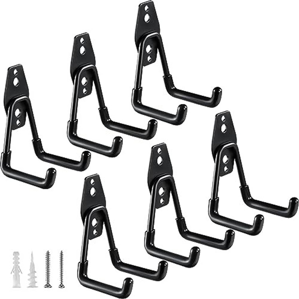 Six-pack of black small U hooks with mounting plates and curved storage arms