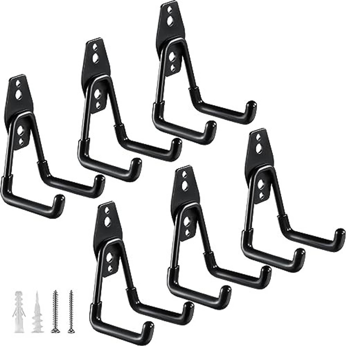 Six-pack of black small U hooks with mounting plates and curved storage arms
