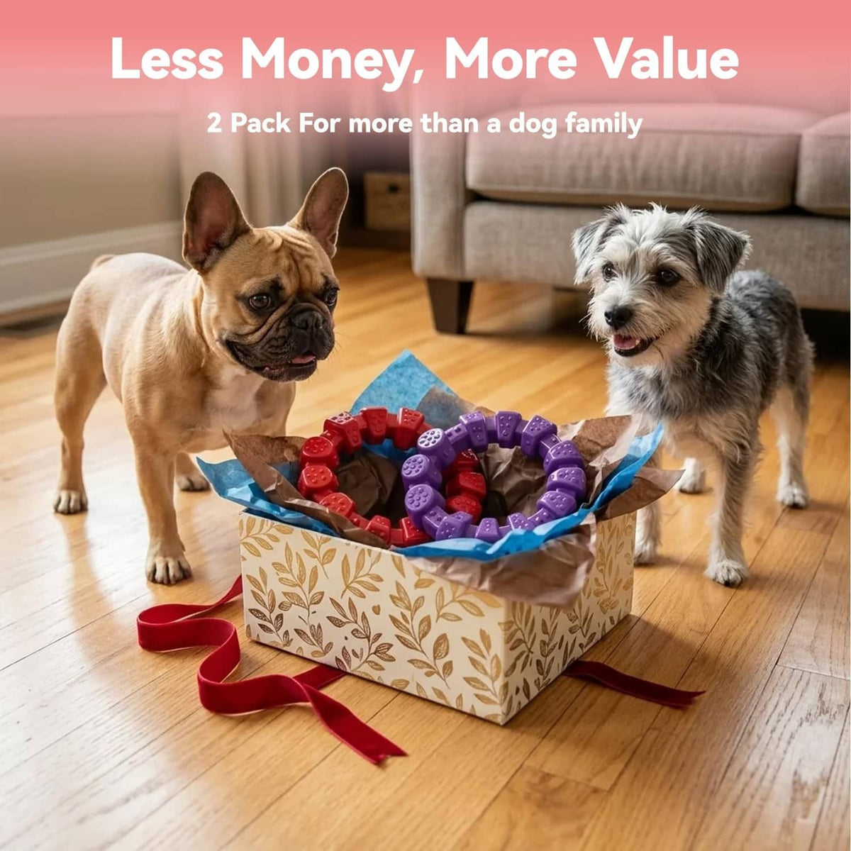 Two-pack red and purple bumpy dog chewing ring toys in a gift box with dogs