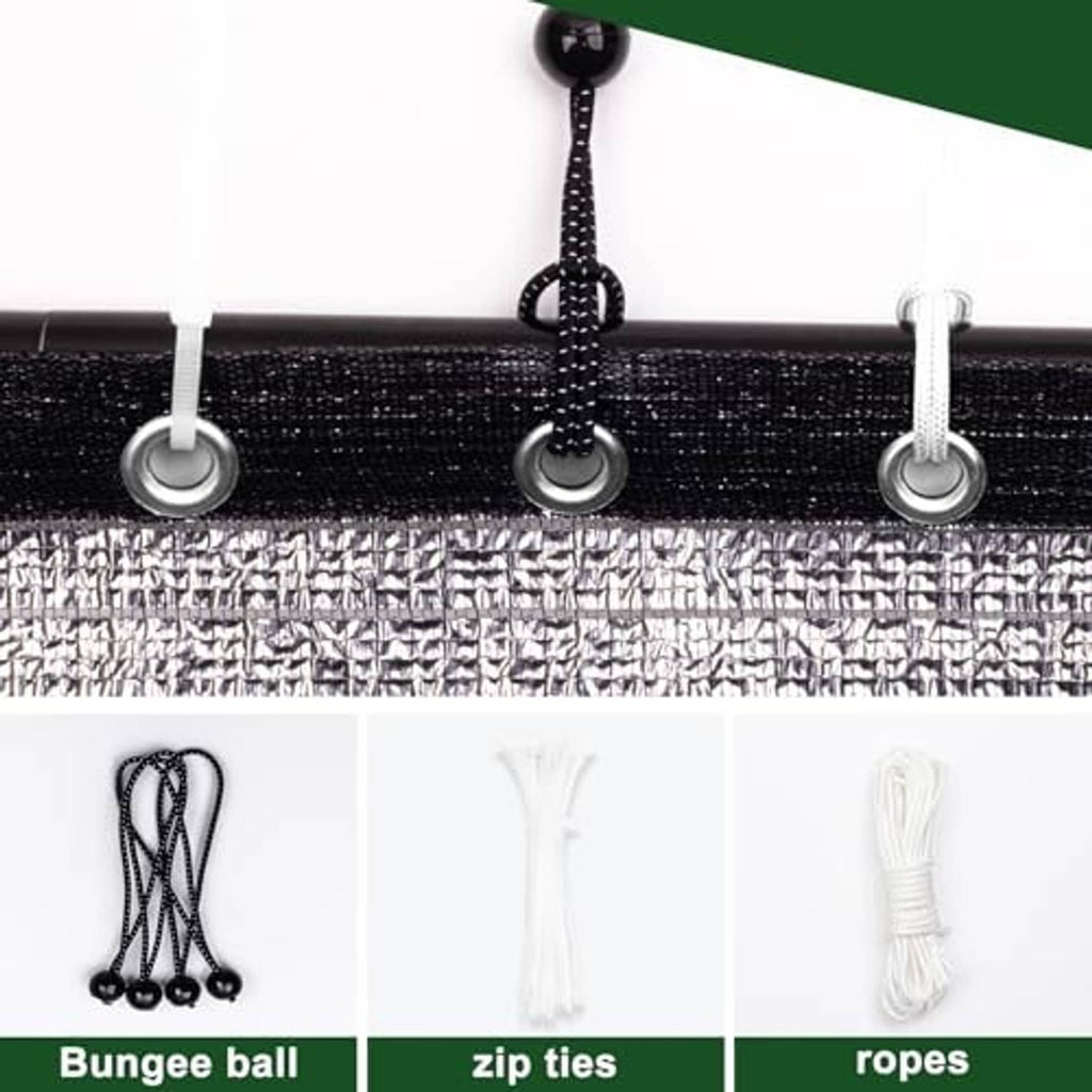 Shade cloth with metal grommets and included fastening cords, black and white ties
