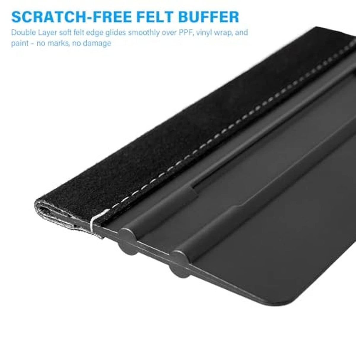 Black scratch-free felt buffer on stitched-edge vinyl squeegee with scraper blade