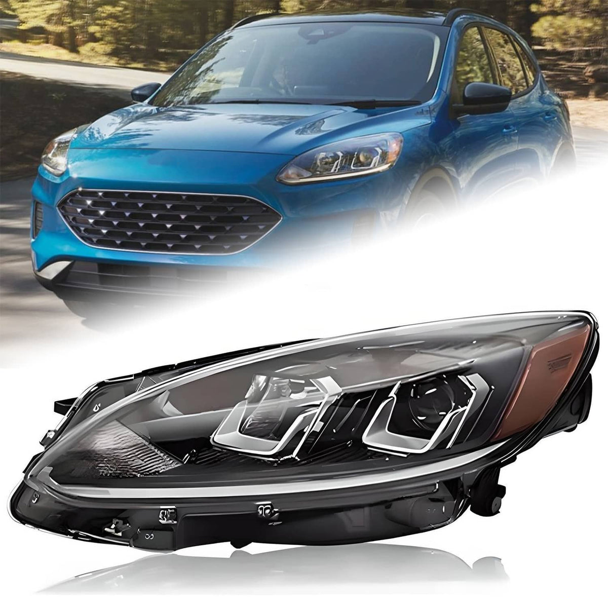 Left halogen headlight assembly with bulb, clear projector lens, amber side reflector