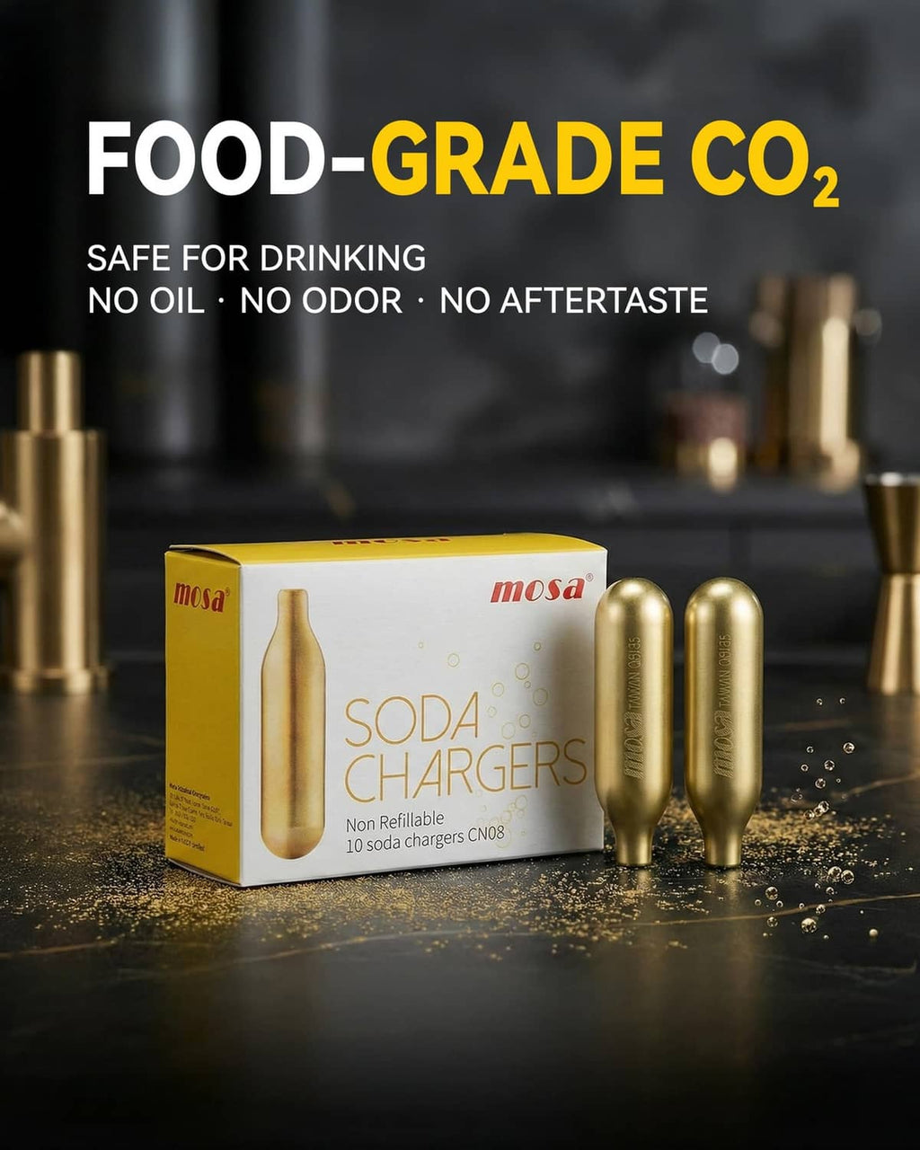 Food-grade CO2 cartridges: gold canisters and box with 8g soda charger pack