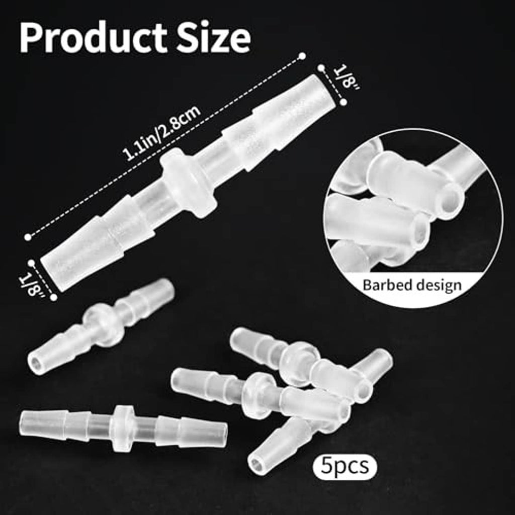 Clear 1/8 in barbed hose adapter fitting with dual hose barbs