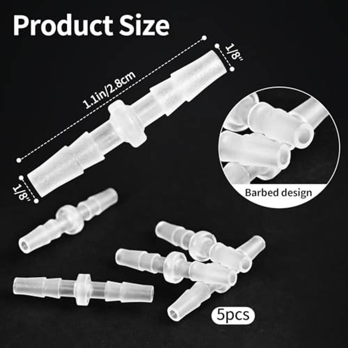 Clear 1/8 in barbed hose adapter fitting with dual hose barbs
