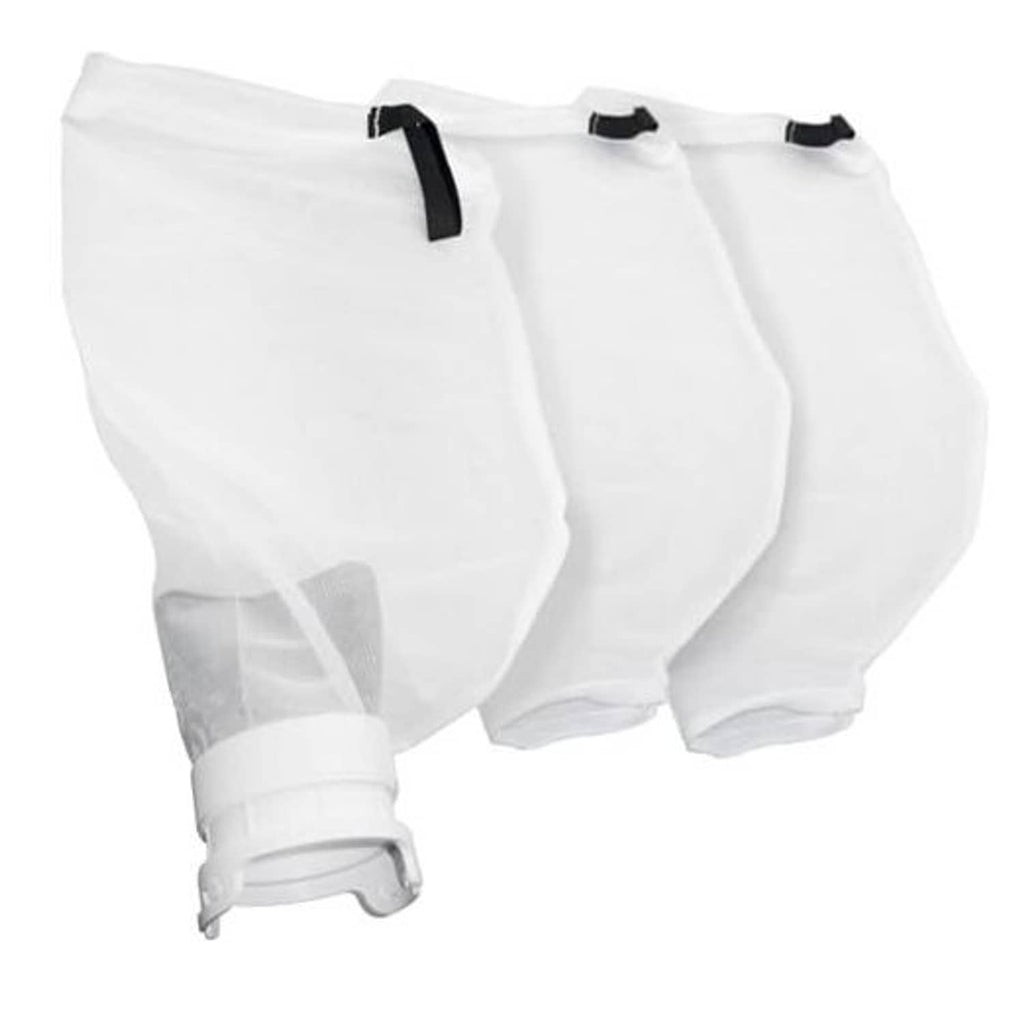 White pool cleaner debris bag with grey filter mesh and black top strap, base connector