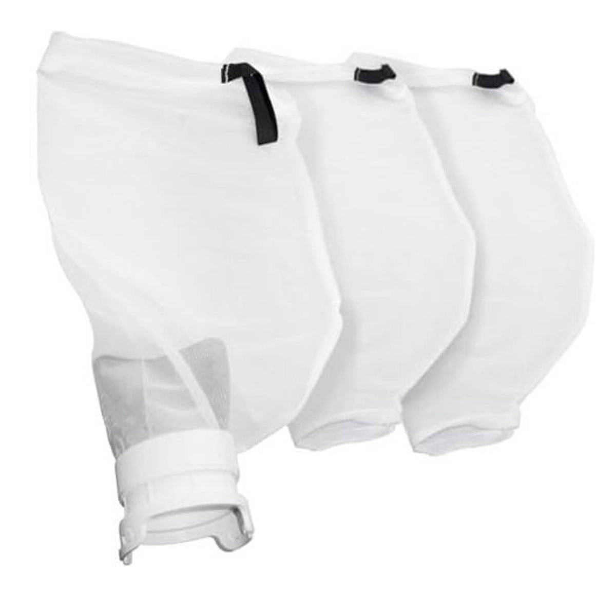 White pool cleaner debris bag with grey filter mesh and black top strap, base connector