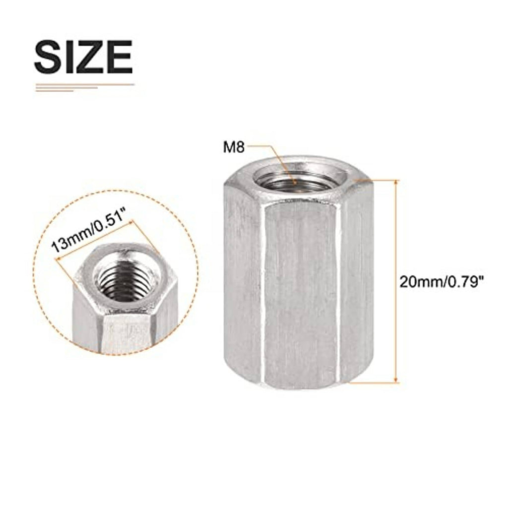 Hex coupling nut, M8 thread, 20mm long hex body with internal threads