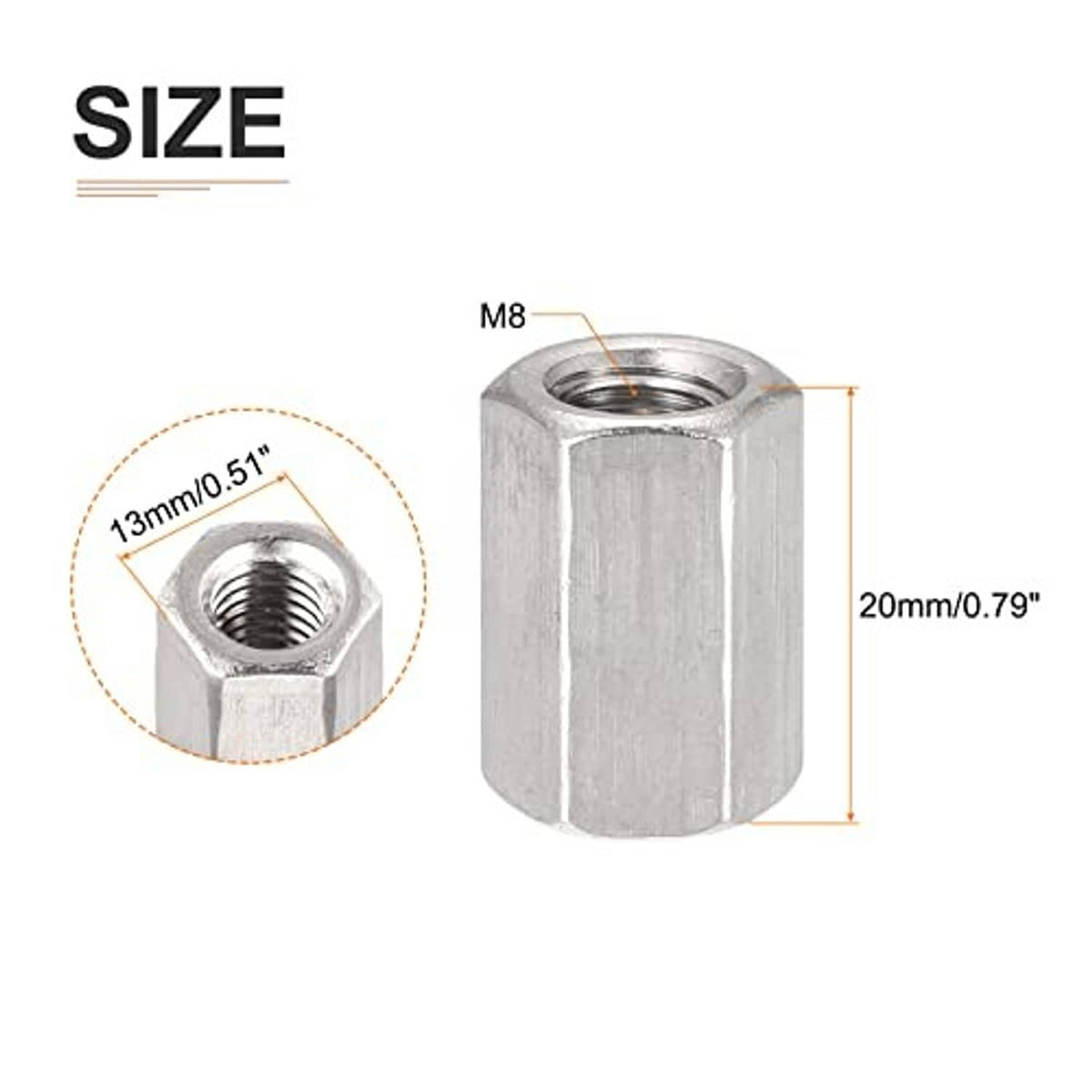 Hex coupling nut, M8 thread, 20mm long hex body with internal threads
