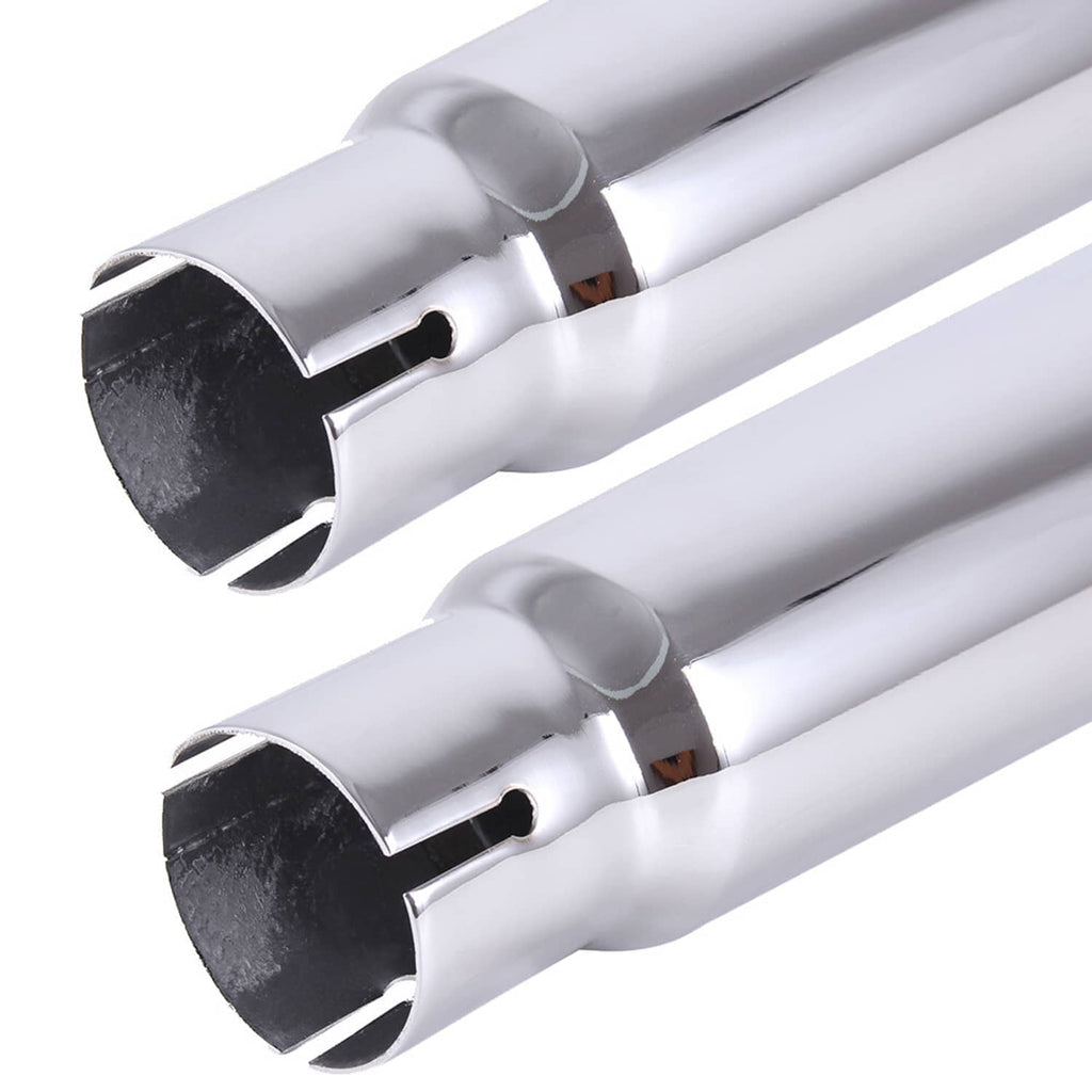Close-up of chrome muffler outlets with black-lined end openings and mounting slot