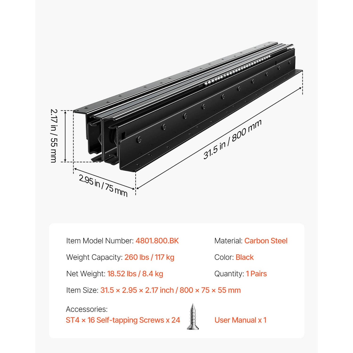 Black drawer slide rails pair with overall dimensions and mounting hole spacing shown