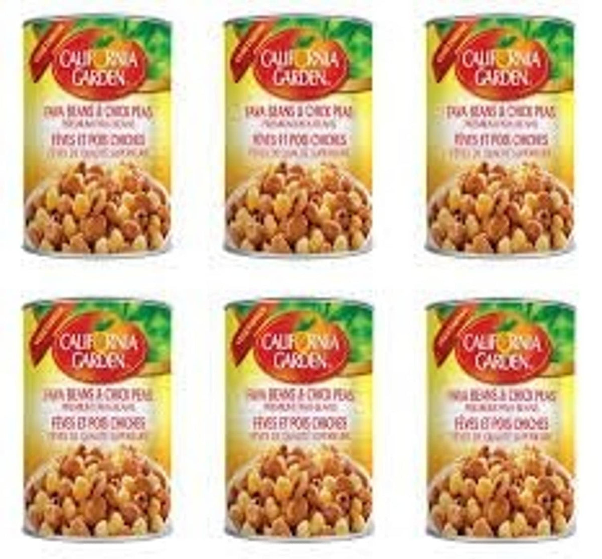 California Garden plain fava beans cans, six-count set with front labels