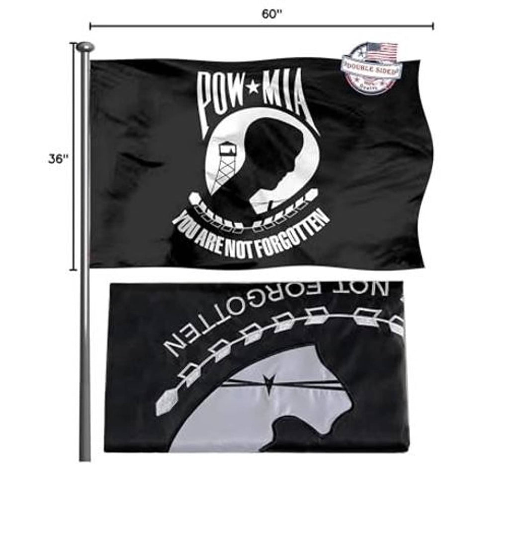 Black POW-MIA flag on pole with size dimensions shown in inches.