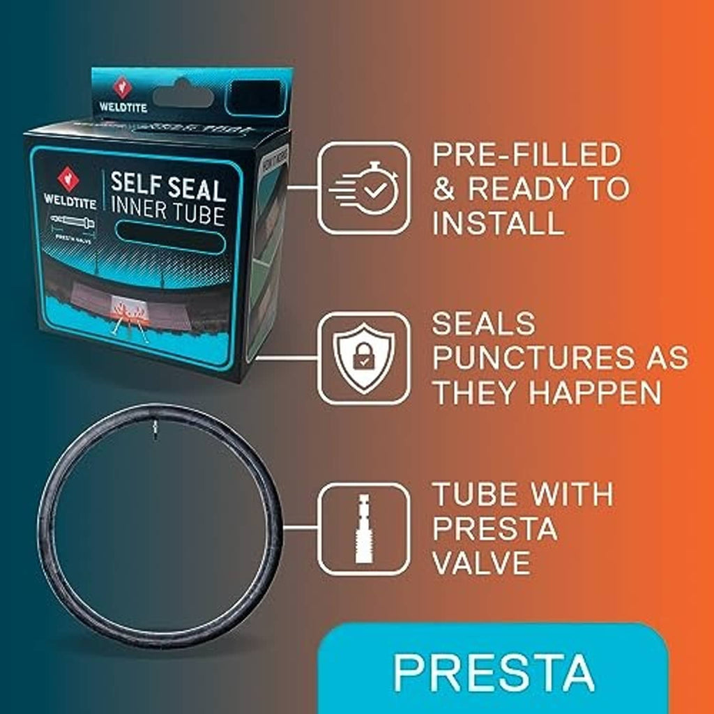 WELDTITE self-seal inner tube diagram, pre-filled, Presta valve, seals punctures