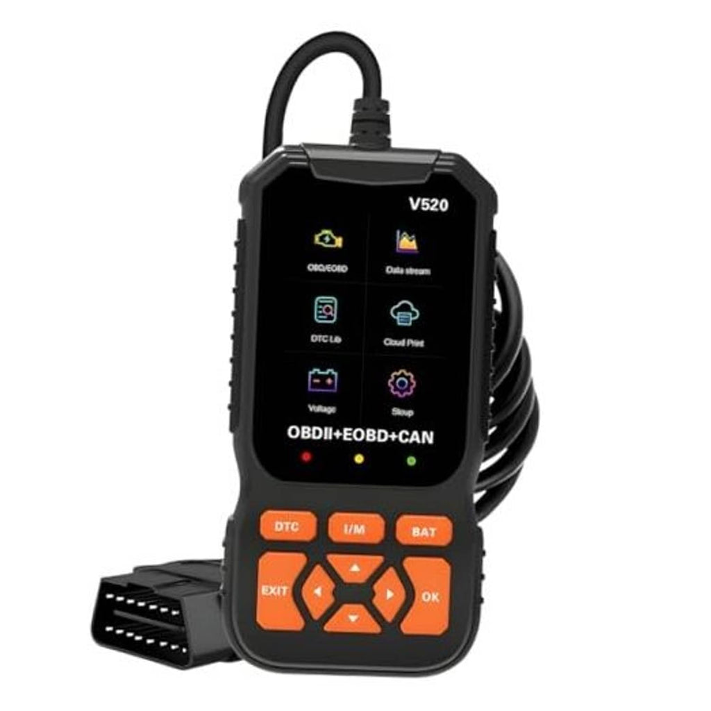 OBD2 car diagnostic scanner with V520 screen and orange button keypad, black body