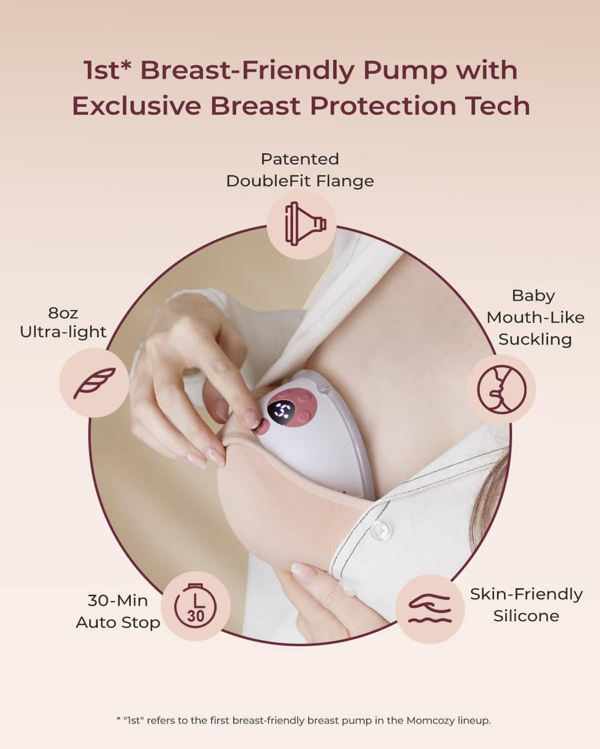 Wearable breast pump with silicone flange and breast-protection tech on skin, Cozy Red touch