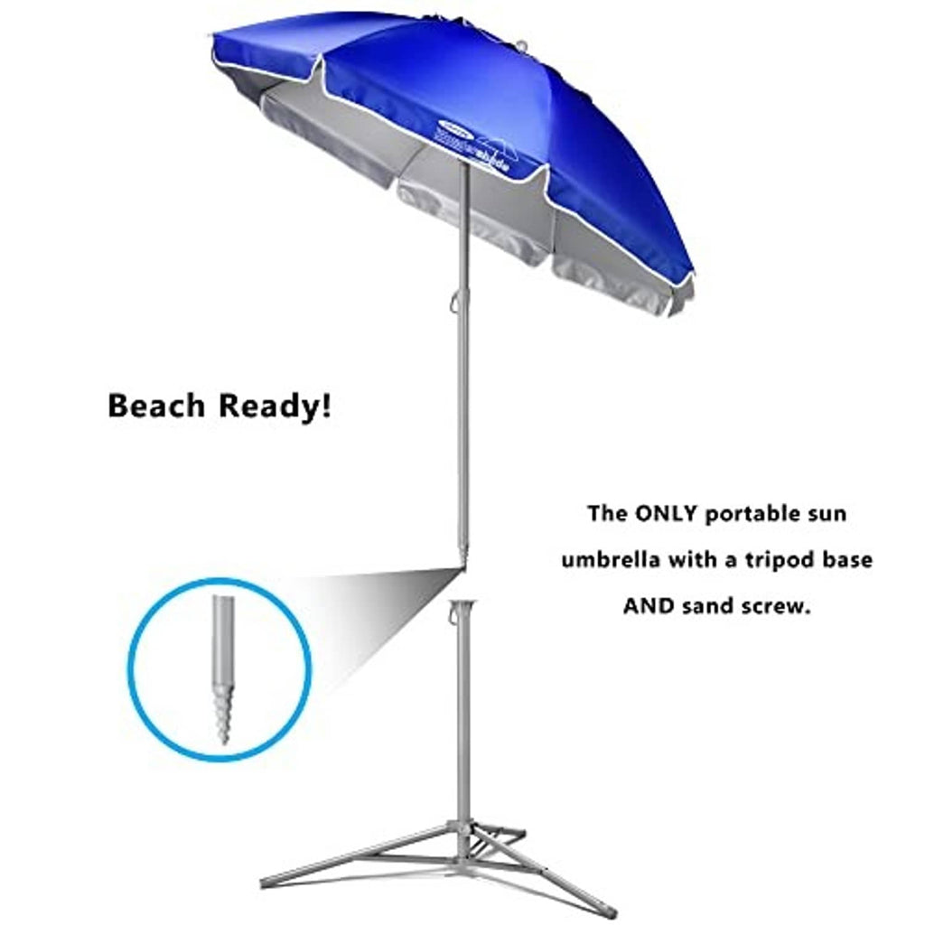 Portable sun shade umbrella with royal blue canopy and tripod base plus sand screw detail
