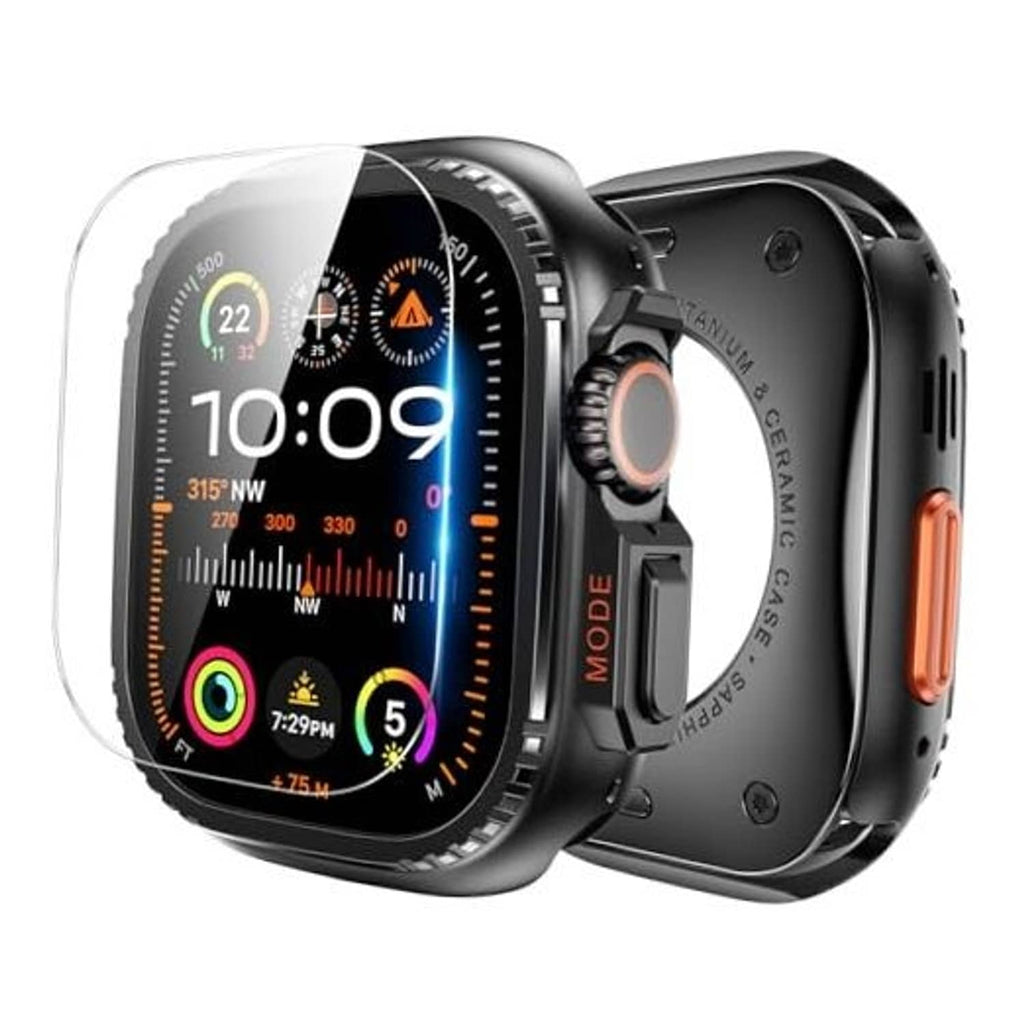 Black metal watch case with clear screen protector for a snug, raised-edge fit
