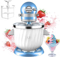 Ice cream maker attachment with blue motor head and white churn bowl for stand mixer