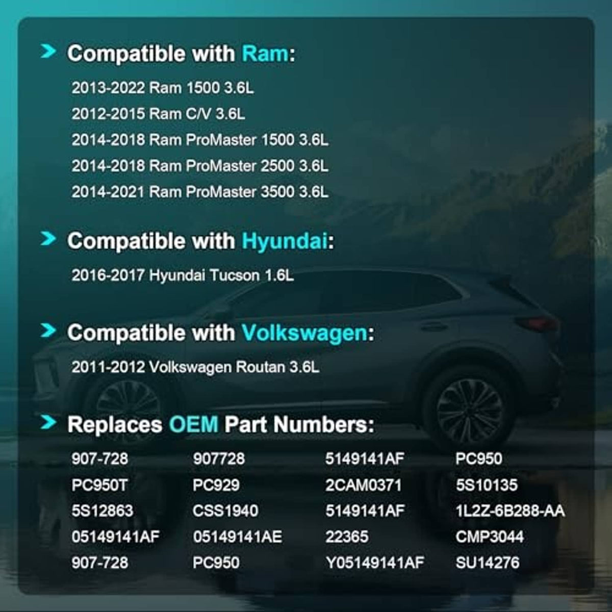 Camshaft position sensor compatibility graphic with OEM replacement part number list