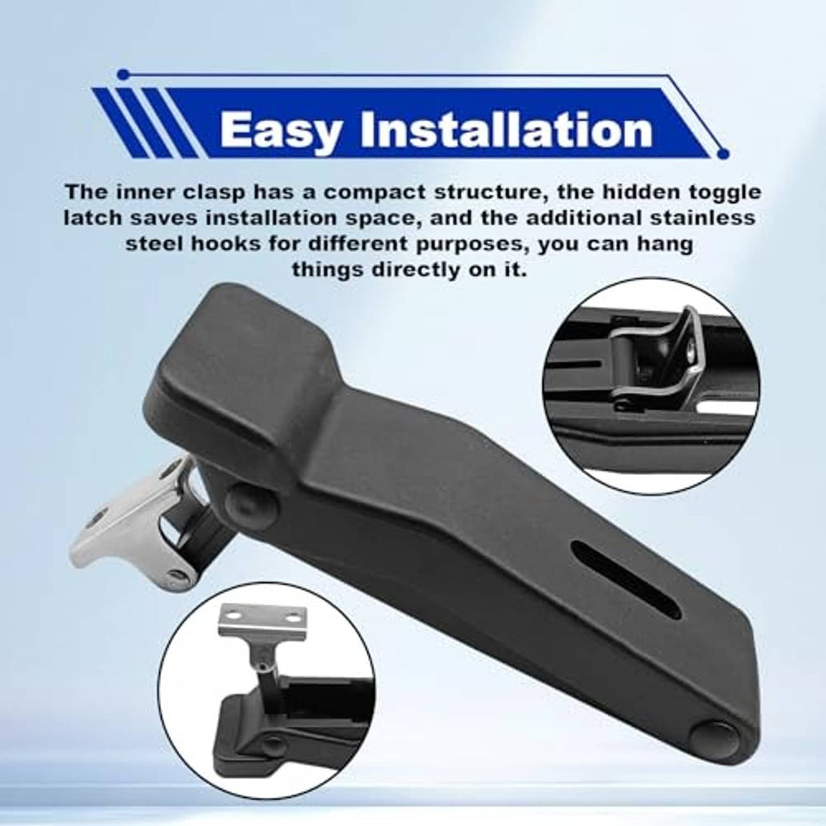 Black rubber storage rack latch with stainless steel mounting bracket, compact clasp