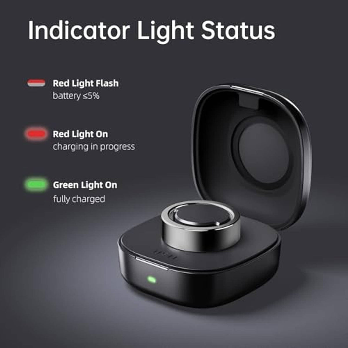 Black wireless ring charger with green indicator light and metallic ring dock