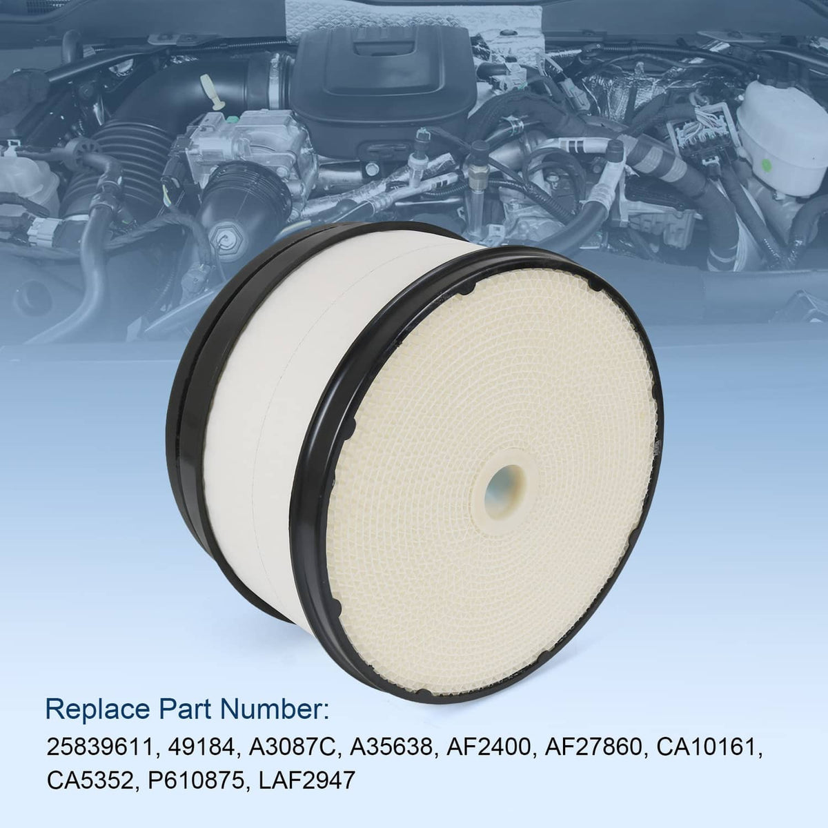 Engine air filter with pleated white media and black frame, front view close-up