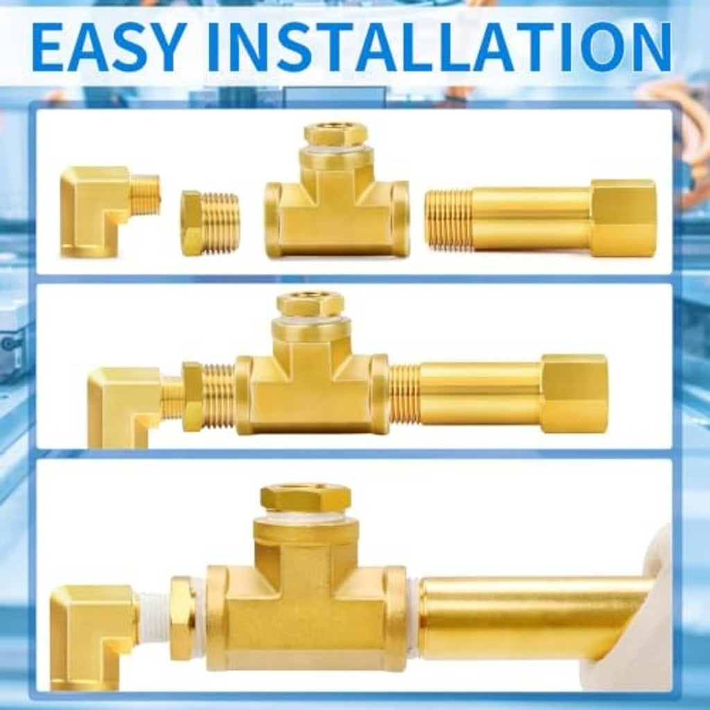 Brass 90-degree elbow fitting with threaded connections illustrated for installation