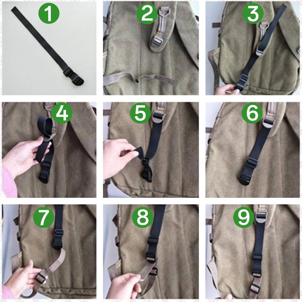 Backpack extender strap extension with buckles, shown fastening sequence.
