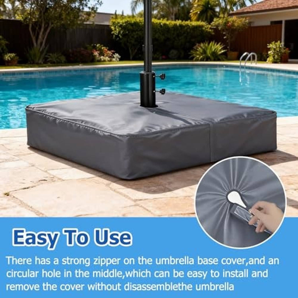 Grey umbrella base cover with zipper edge and central hole around upright pole