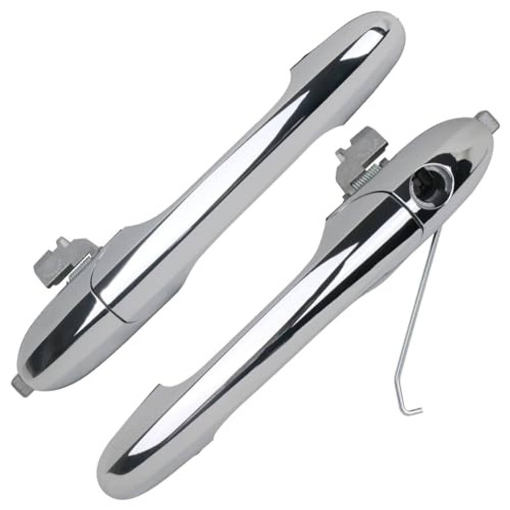 Chrome exterior door handle pair with keyhole opening and installation bracket
