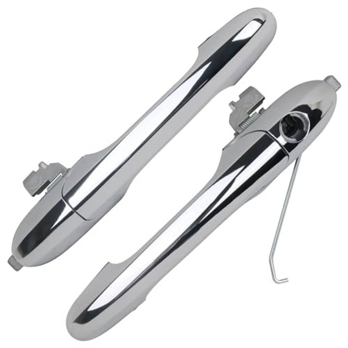 Chrome exterior door handle pair with keyhole opening and installation bracket