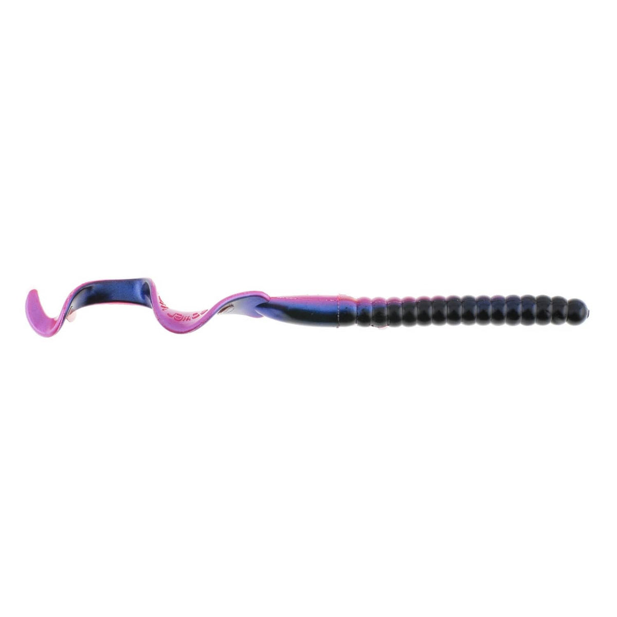 Soft plastic fishing worm lure, dark blue and purple with curled curly tail
