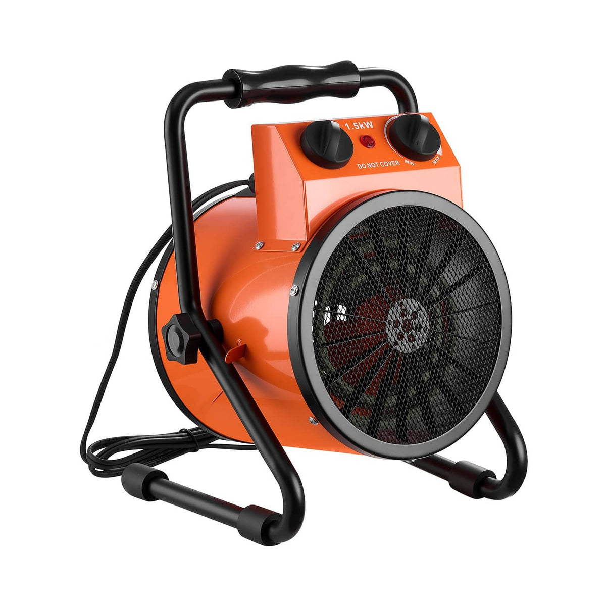 Orange electric greenhouse heater with black handle, front mesh fan grill, and power cord