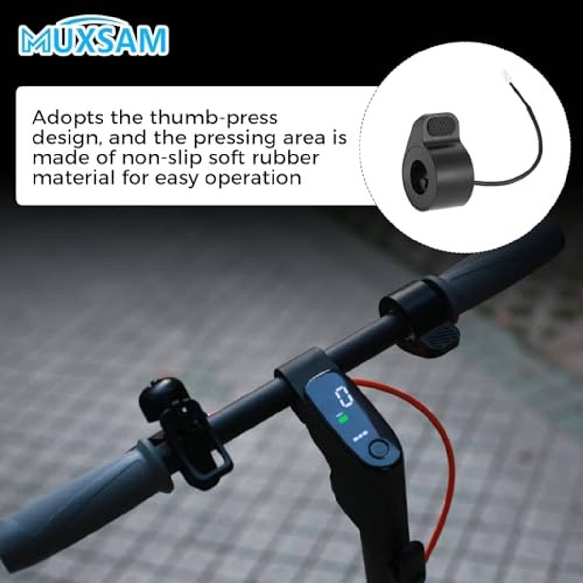 Black thumb-press electric scooter throttle with non-slip grip pad and cable