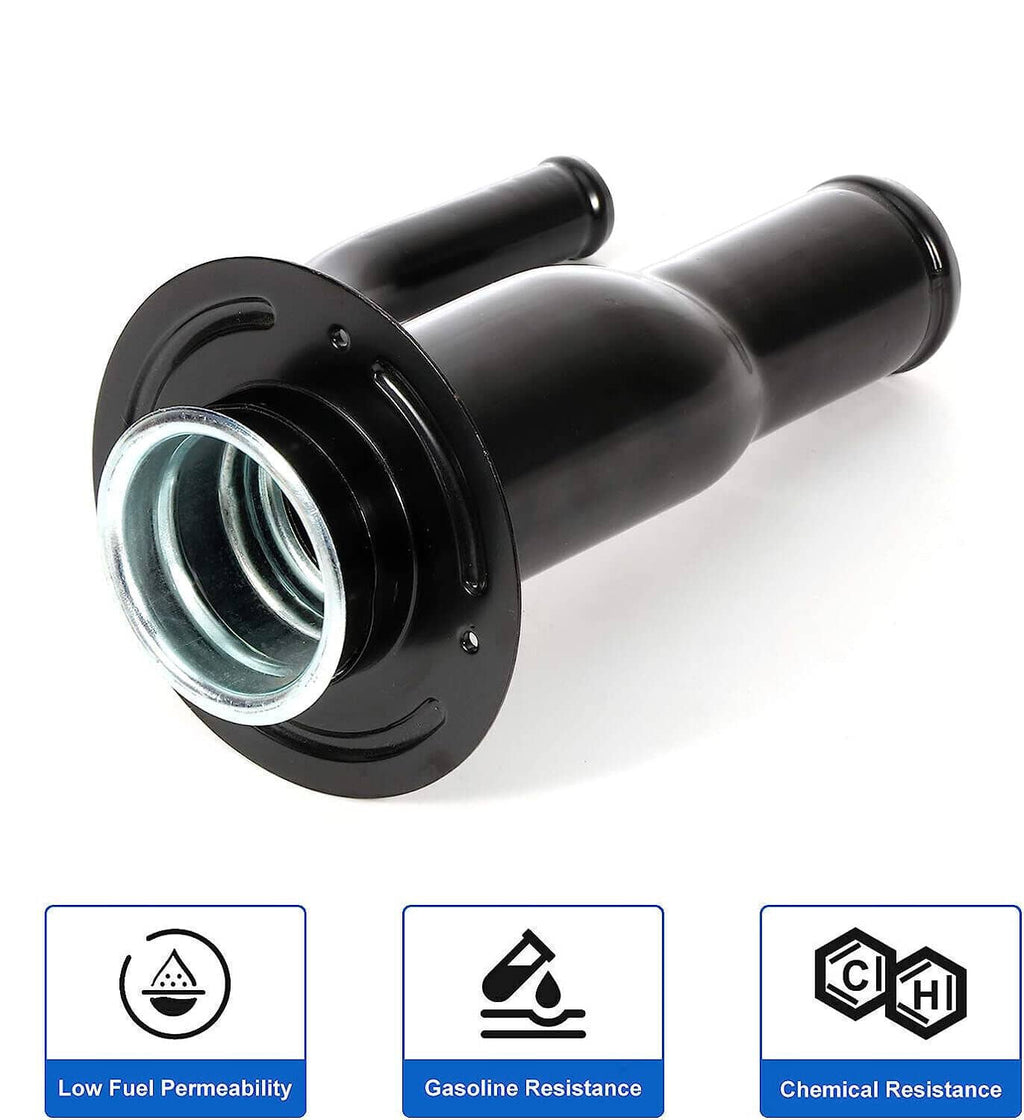 Fuel tank filler neck pipe with round flange and silver-lined inlet port