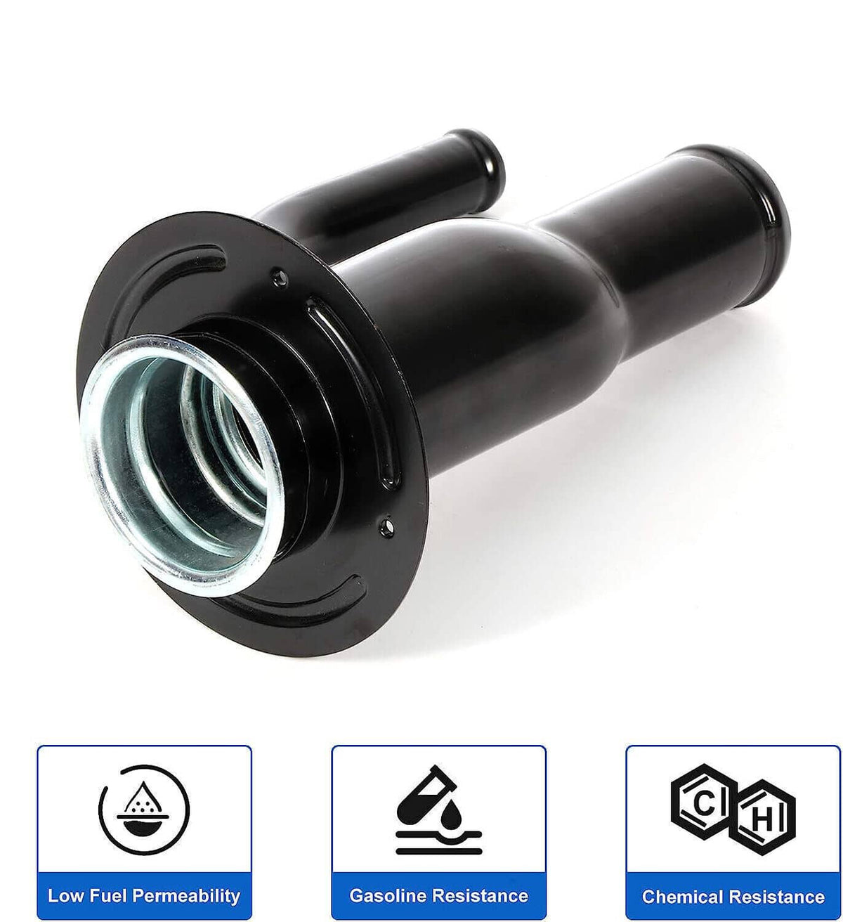 Fuel tank filler neck pipe with round flange and silver-lined inlet port