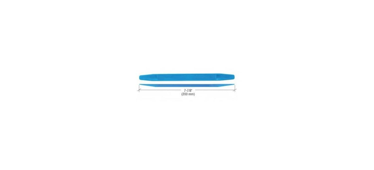 Blue windshield stick setting tool, close-up view of molded label detail