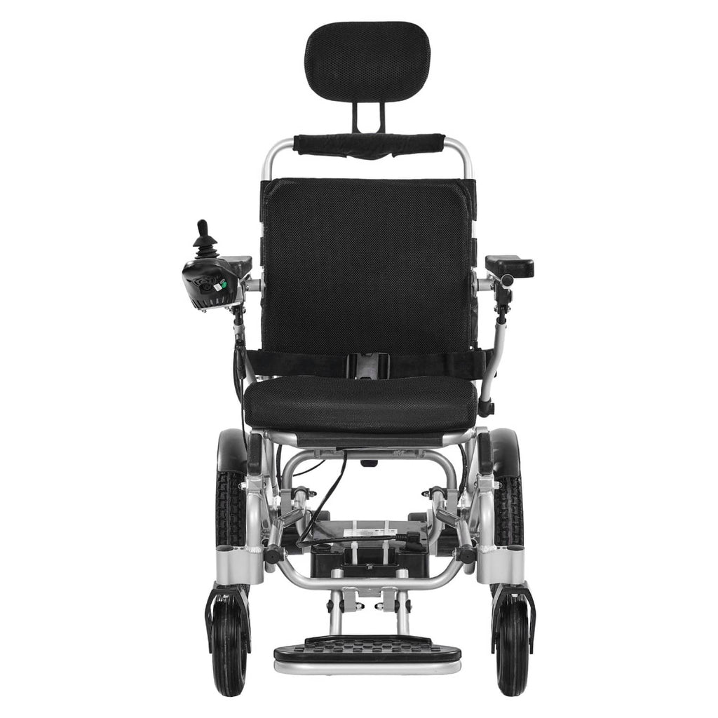 Rear view of electric power wheelchair with black seat, headrest, and silver frame.