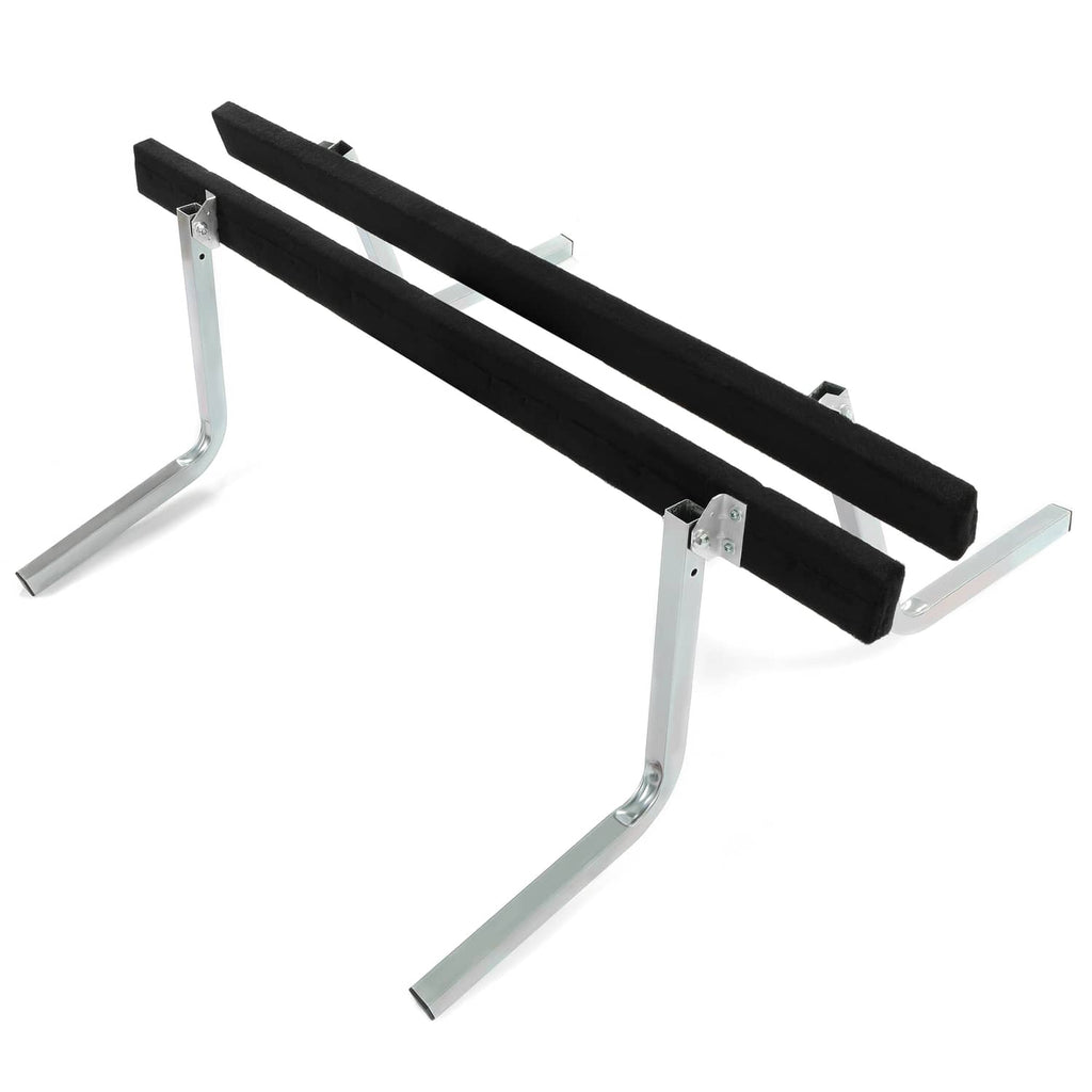 Black bunk board guide pads with silver adjustable trailer brackets and base legs