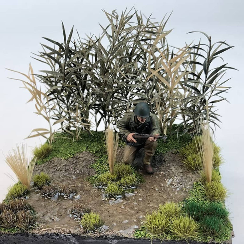 Miniature shrub and grass diorama base with mixed green and tan bush clumps