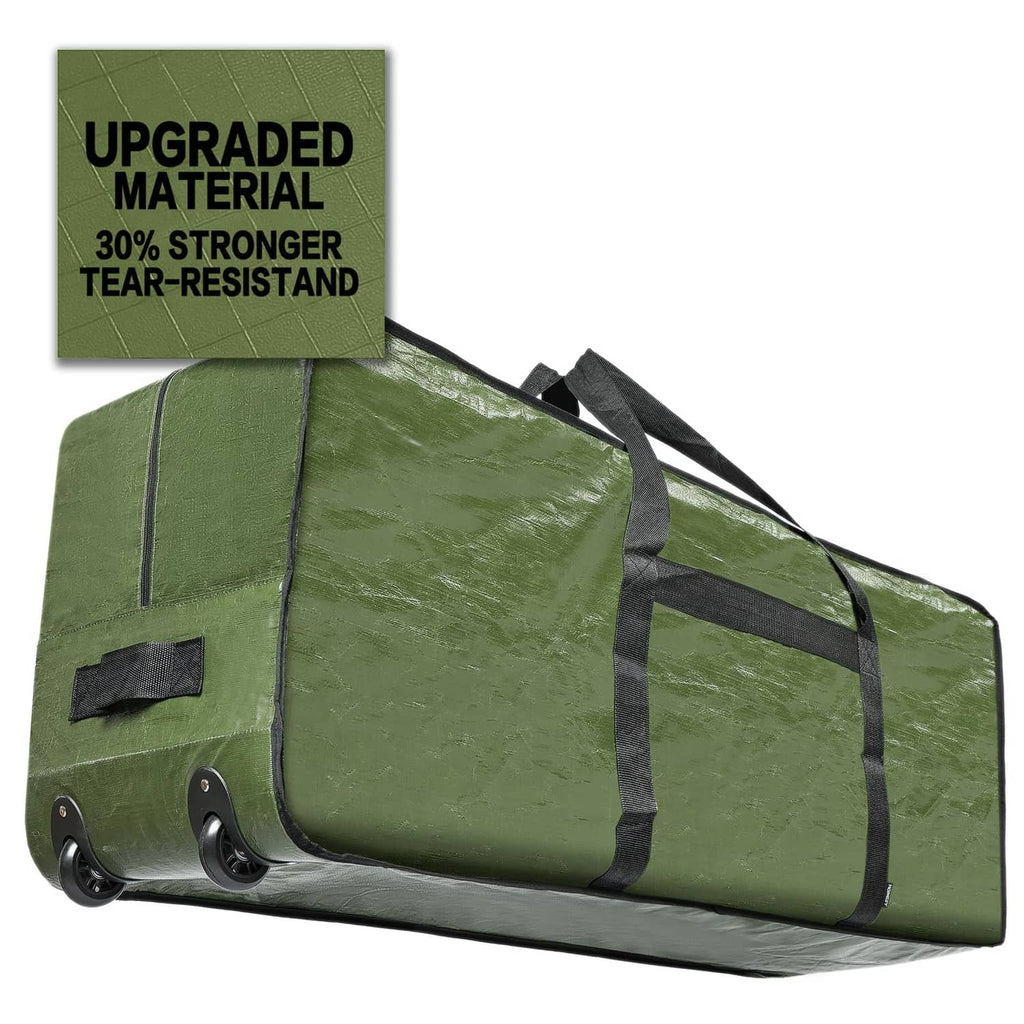 Green tree storage bag with black straps, wheels, and reinforced tear-resistant fabric