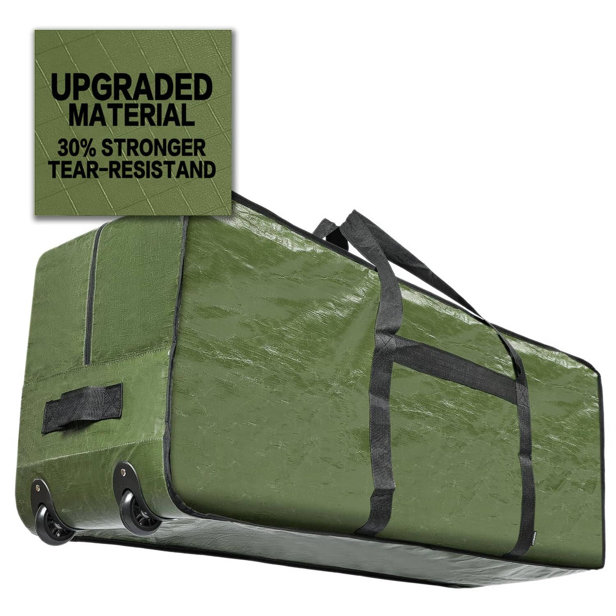 Green tree storage bag with black straps, wheels, and reinforced tear-resistant fabric