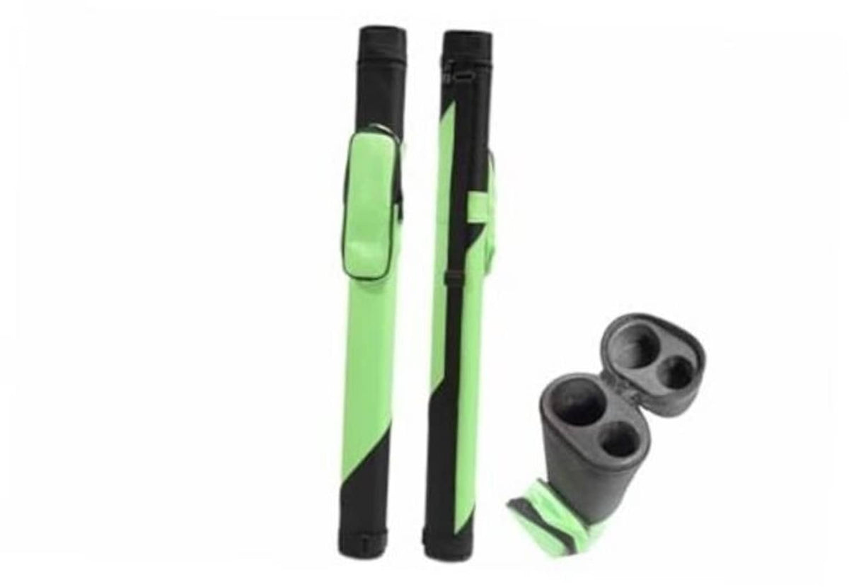 Green and black hard oval pool cue carrying case with three cylinder pockets