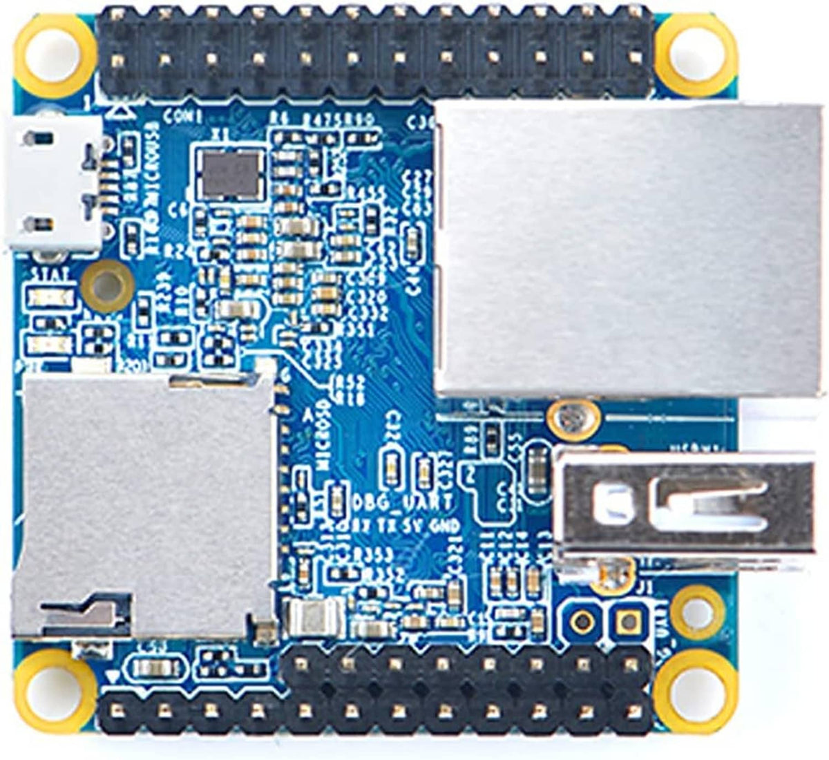 Nanopi NEO H3 development board close-up of PCB with soldered components and gold pads