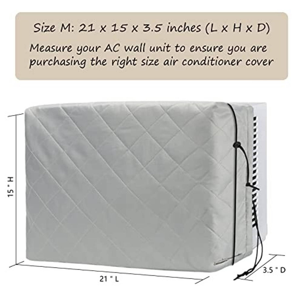 Grey quilted window AC cover showing dimensions and side securing straps.