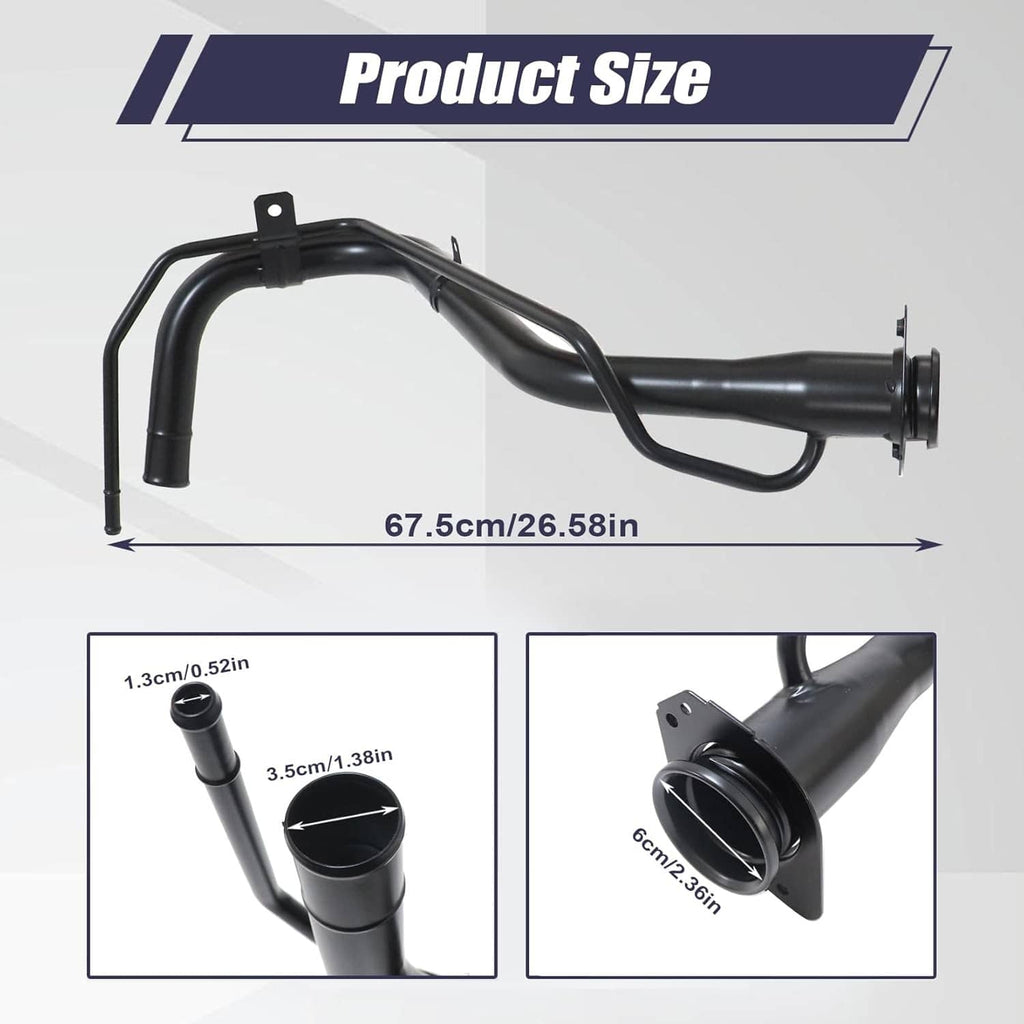 Black fuel tank filler neck pipe with curved metal tube and mounting flange.