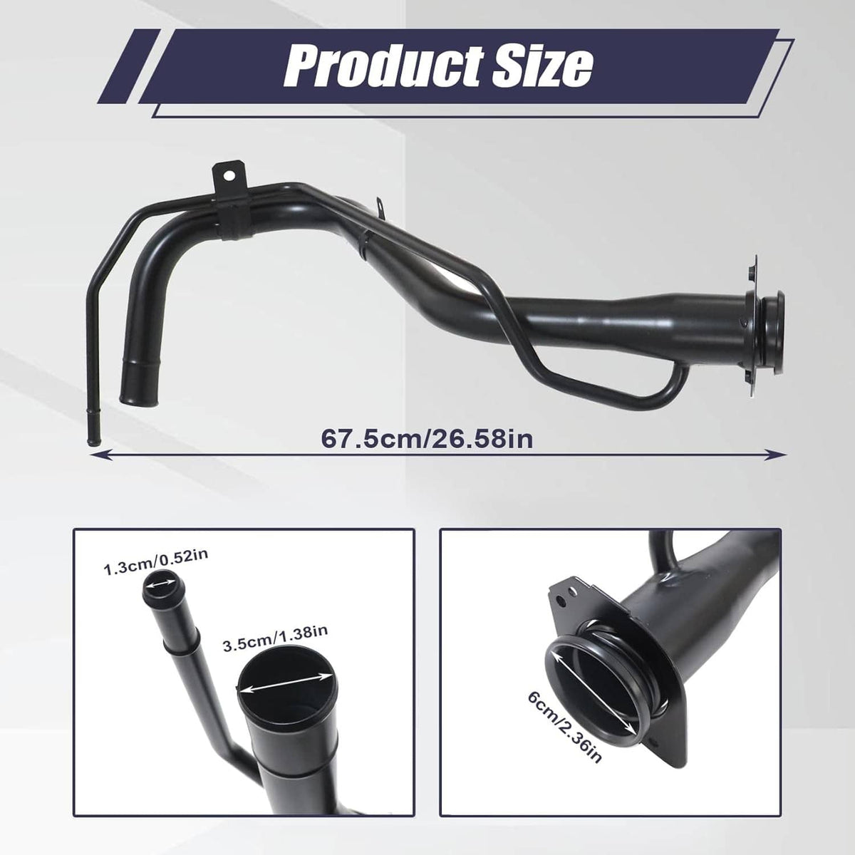 Black fuel tank filler neck pipe with curved metal tube and mounting flange.